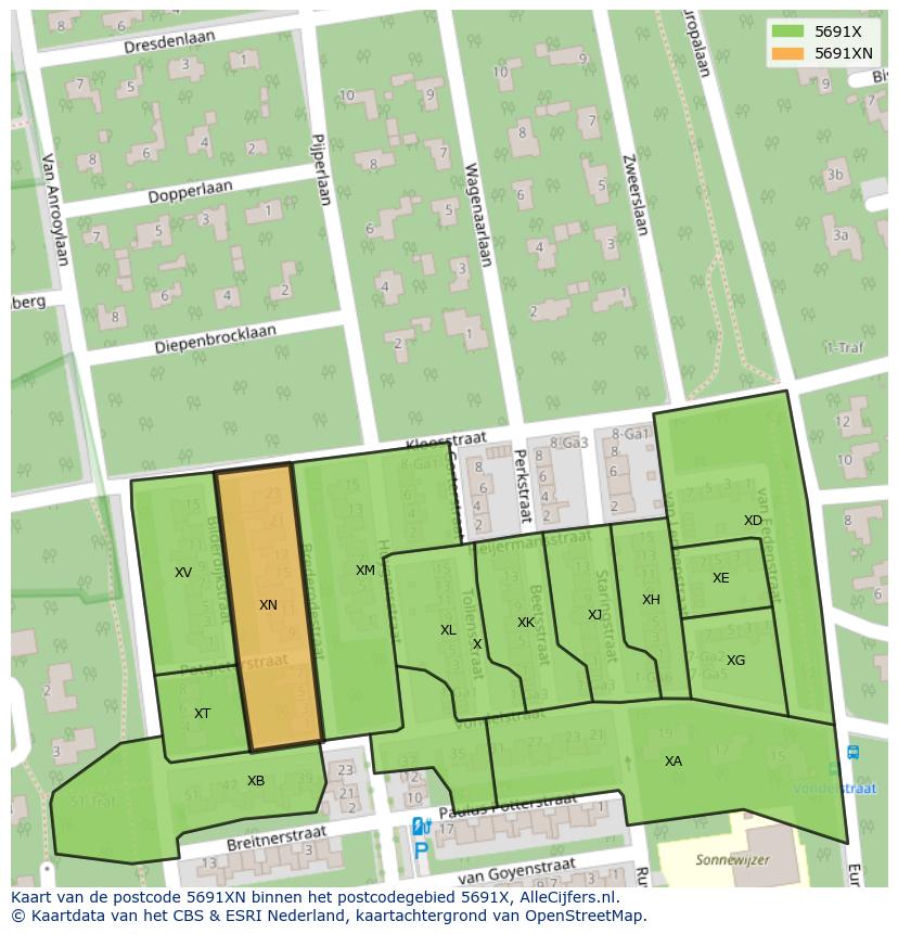 Afbeelding van het postcodegebied 5691 XN op de kaart.