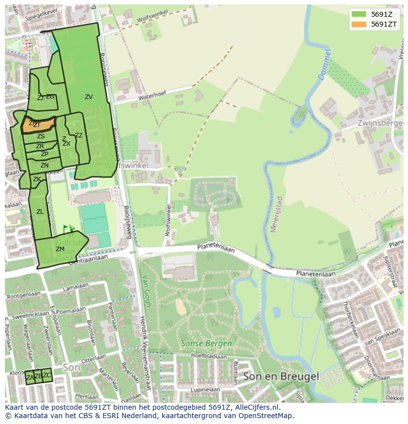 Afbeelding van het postcodegebied 5691 ZT op de kaart.