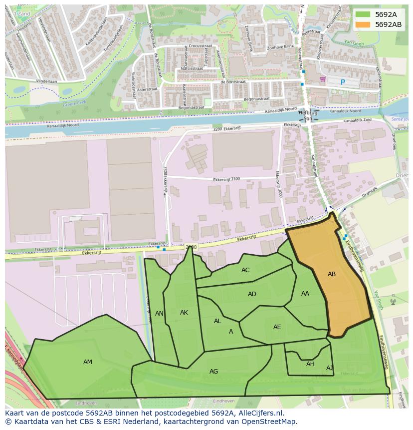 Afbeelding van het postcodegebied 5692 AB op de kaart.