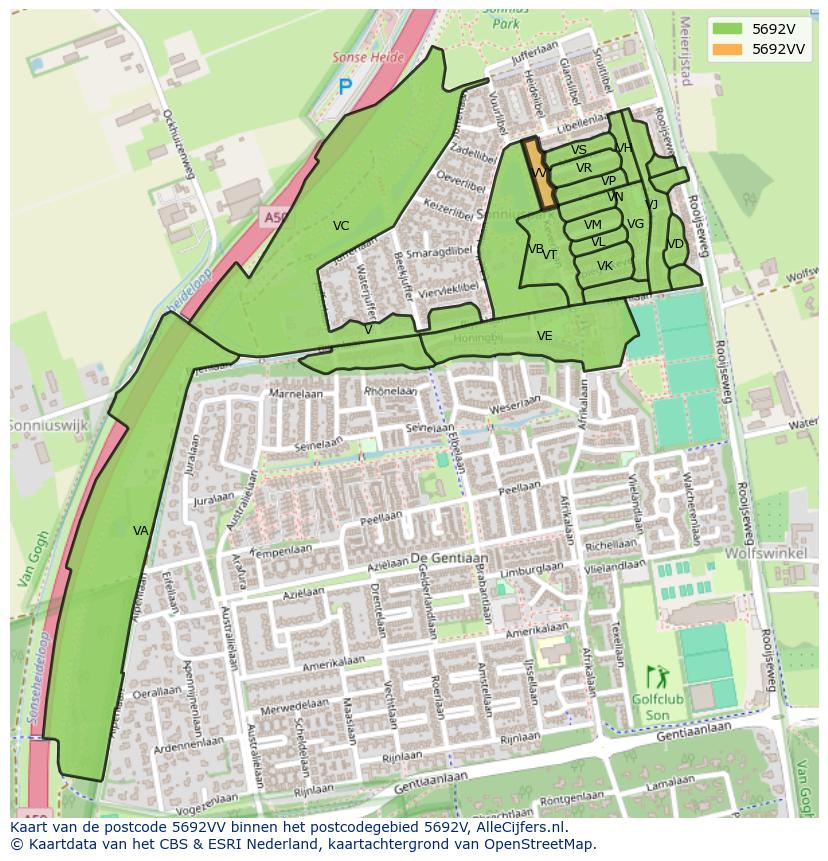 Afbeelding van het postcodegebied 5692 VV op de kaart.