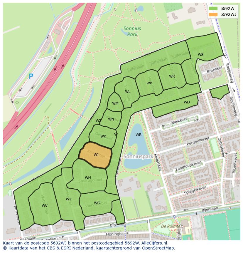 Afbeelding van het postcodegebied 5692 WJ op de kaart.