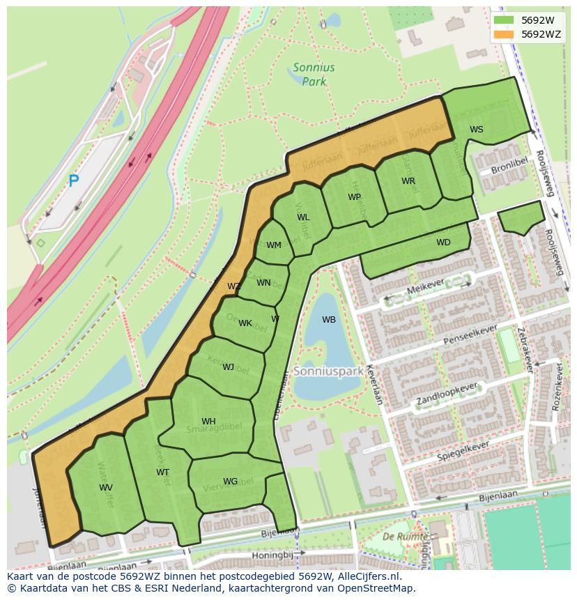 Afbeelding van het postcodegebied 5692 WZ op de kaart.