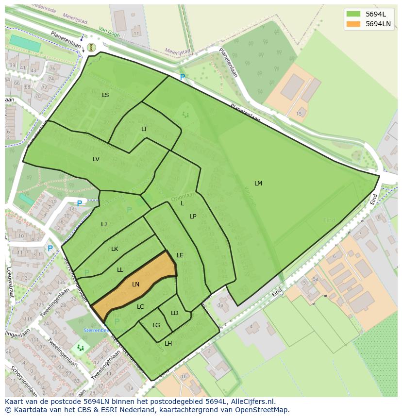 Afbeelding van het postcodegebied 5694 LN op de kaart.