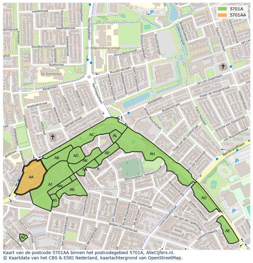 Afbeelding van het postcodegebied 5701 AA op de kaart.