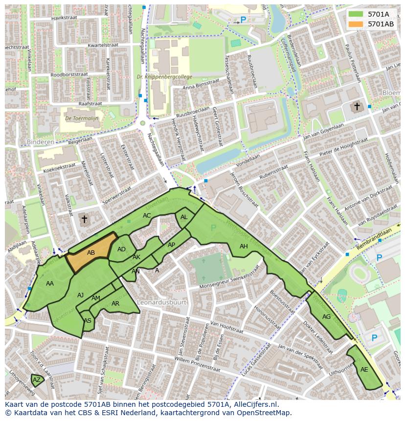 Afbeelding van het postcodegebied 5701 AB op de kaart.