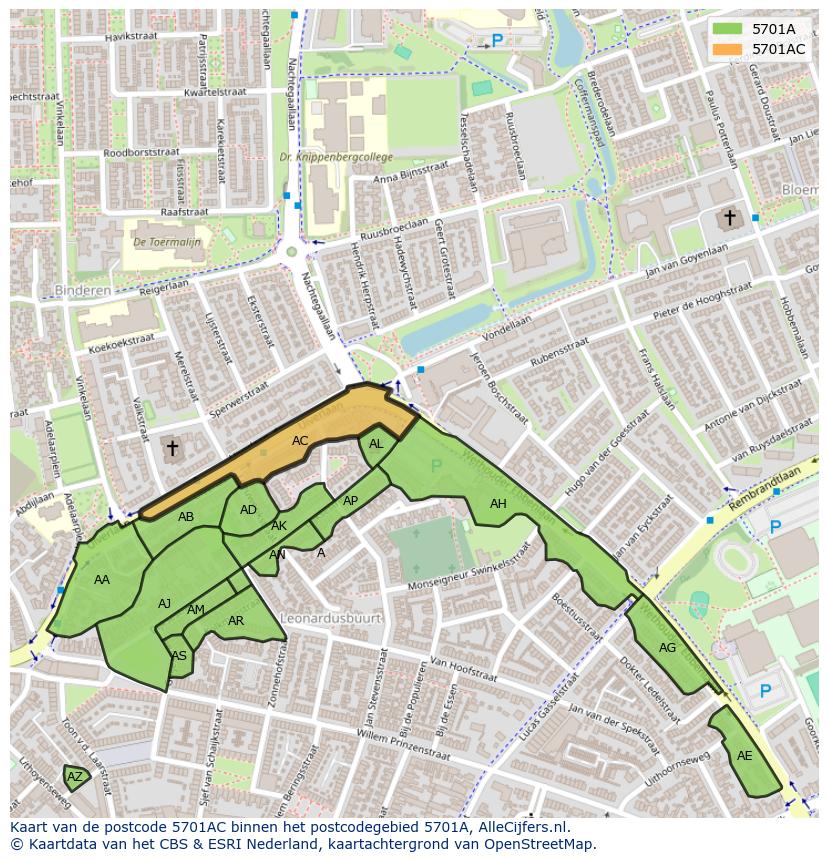 Afbeelding van het postcodegebied 5701 AC op de kaart.