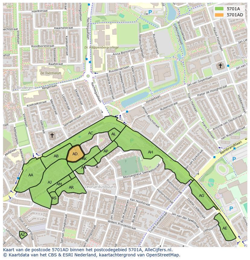 Afbeelding van het postcodegebied 5701 AD op de kaart.