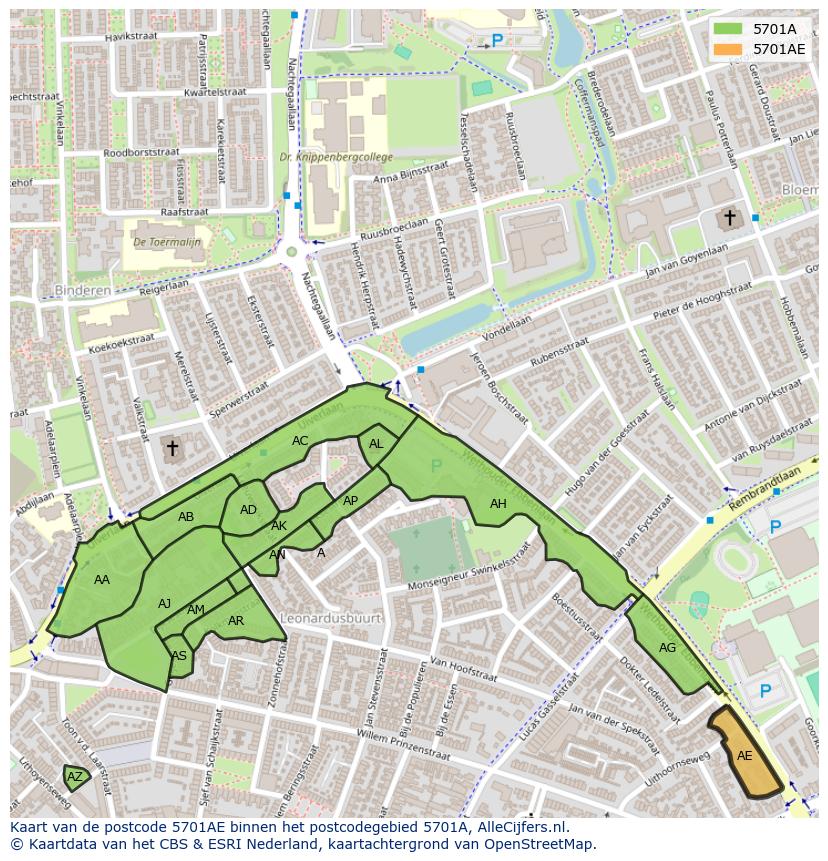 Afbeelding van het postcodegebied 5701 AE op de kaart.