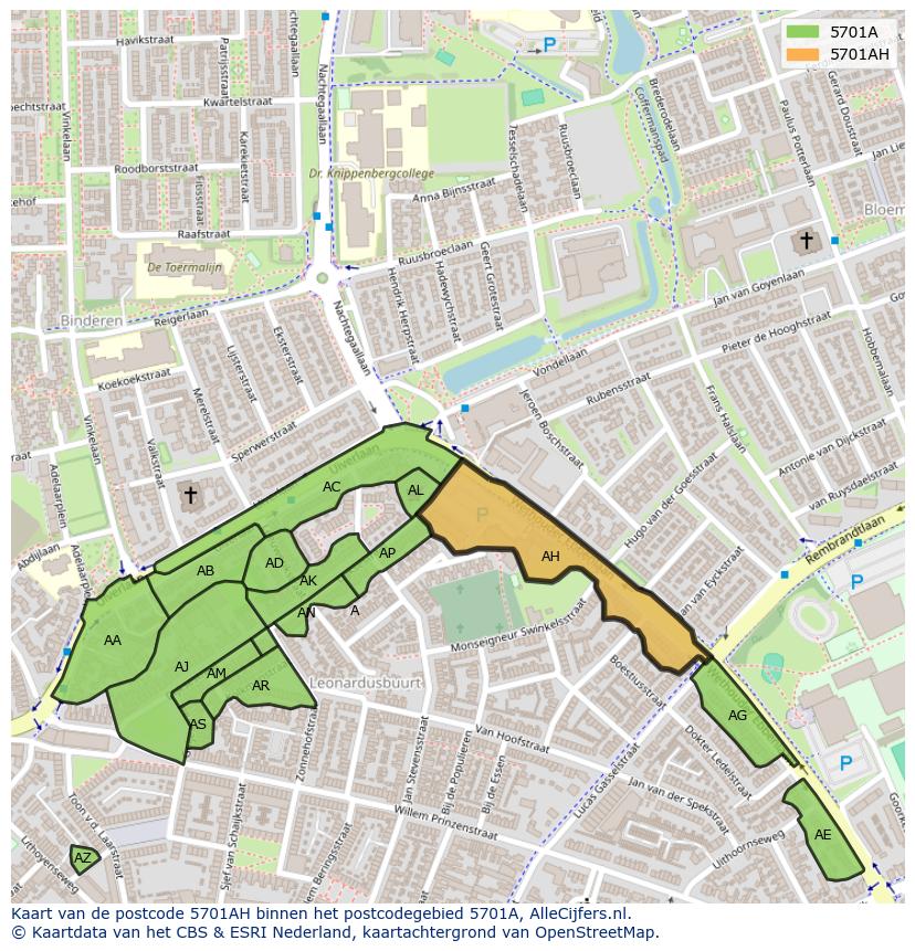 Afbeelding van het postcodegebied 5701 AH op de kaart.