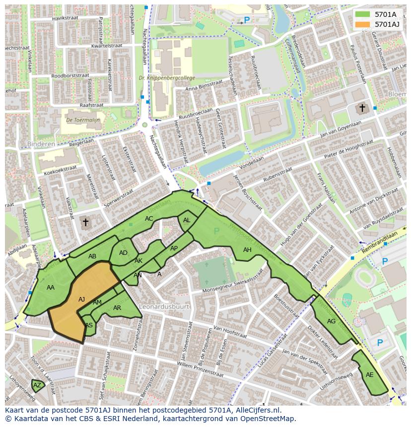 Afbeelding van het postcodegebied 5701 AJ op de kaart.