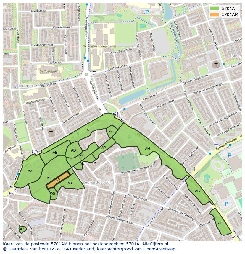 Afbeelding van het postcodegebied 5701 AM op de kaart.