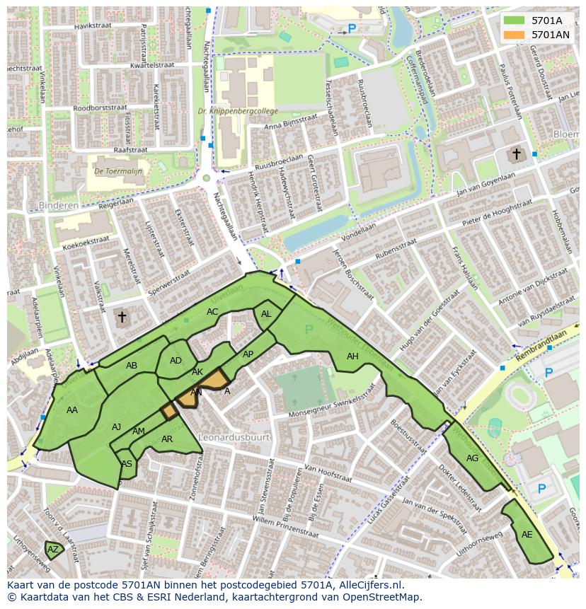 Afbeelding van het postcodegebied 5701 AN op de kaart.