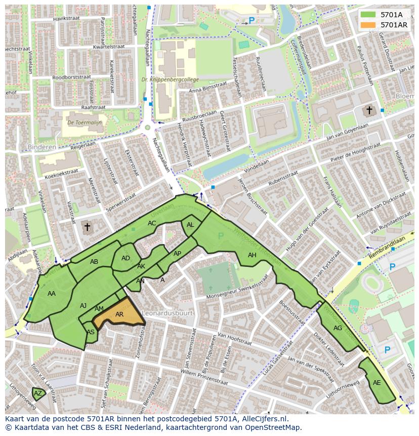 Afbeelding van het postcodegebied 5701 AR op de kaart.