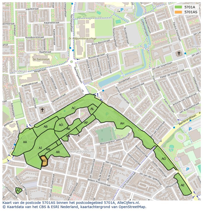 Afbeelding van het postcodegebied 5701 AS op de kaart.
