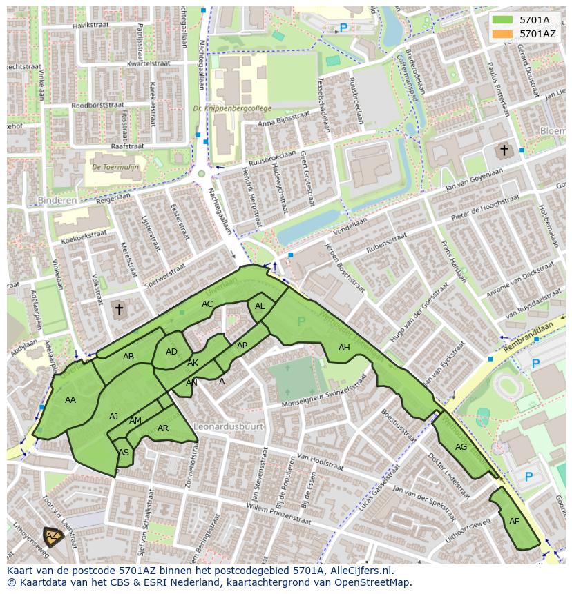 Afbeelding van het postcodegebied 5701 AZ op de kaart.