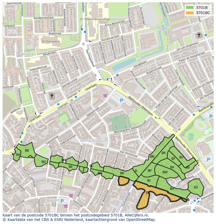 Afbeelding van het postcodegebied 5701 BC op de kaart.