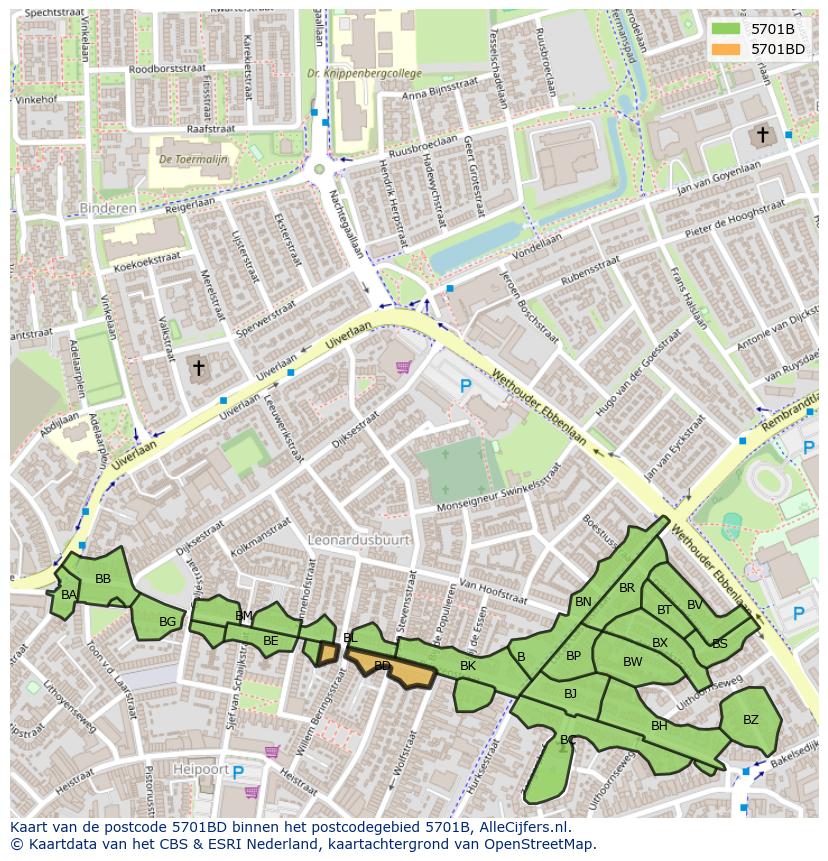 Afbeelding van het postcodegebied 5701 BD op de kaart.