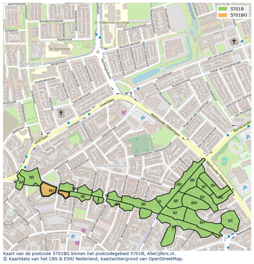 Afbeelding van het postcodegebied 5701 BG op de kaart.