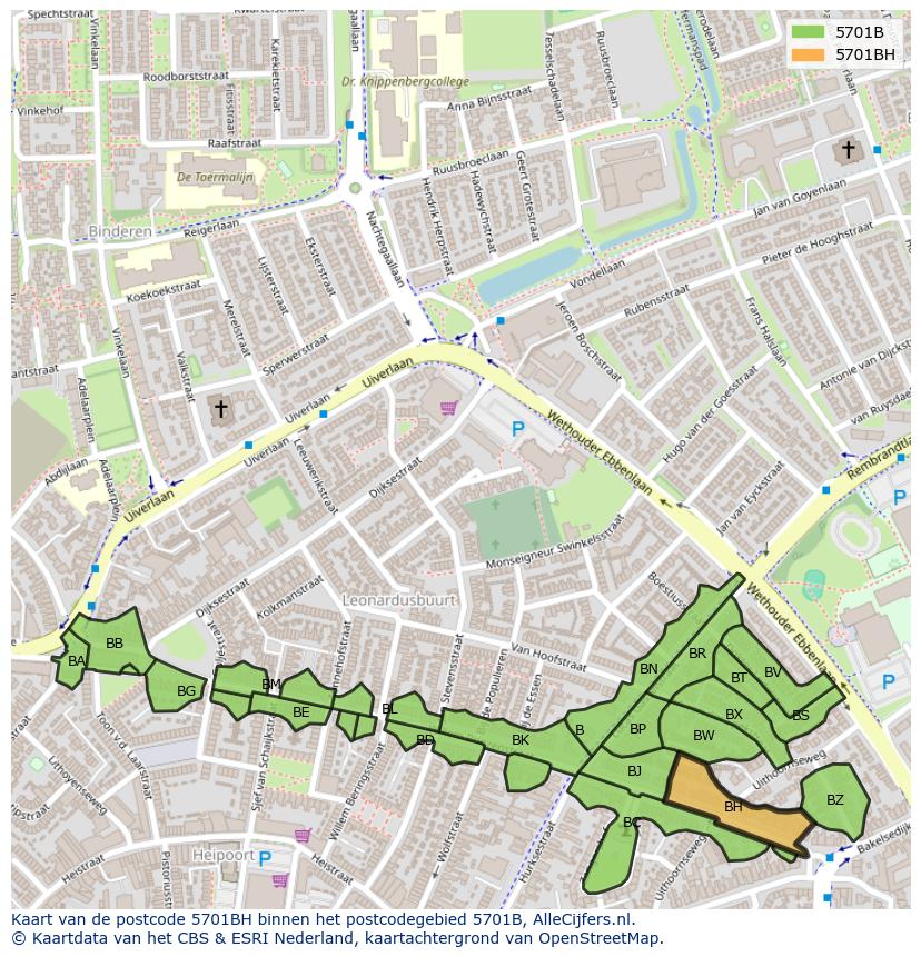 Afbeelding van het postcodegebied 5701 BH op de kaart.