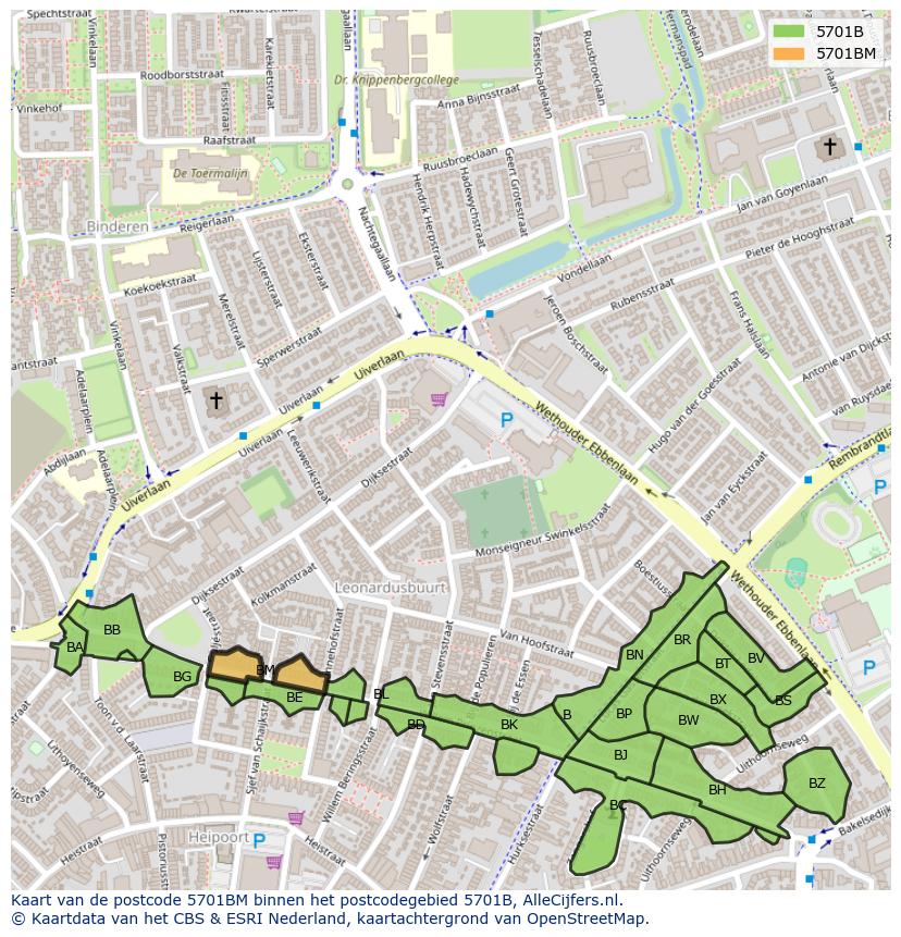 Afbeelding van het postcodegebied 5701 BM op de kaart.