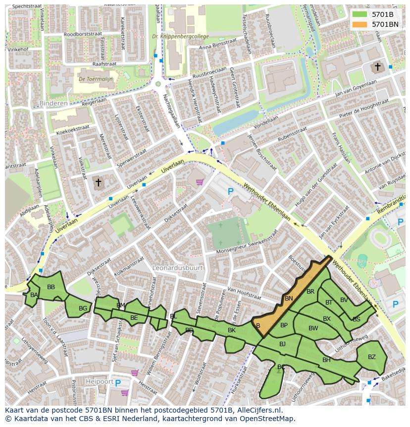 Afbeelding van het postcodegebied 5701 BN op de kaart.