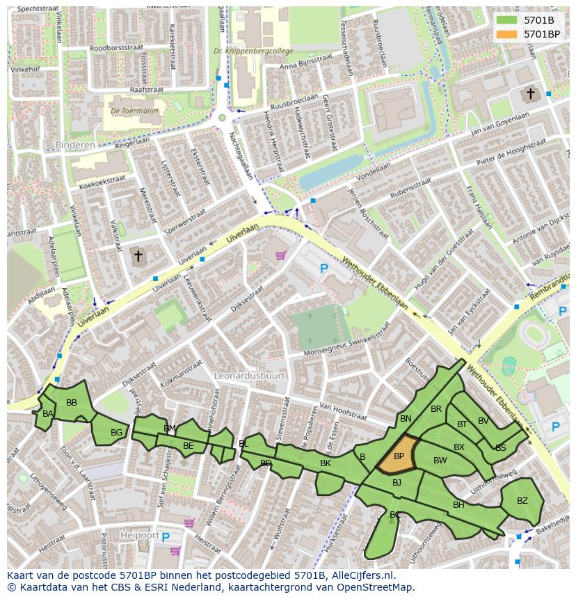 Afbeelding van het postcodegebied 5701 BP op de kaart.