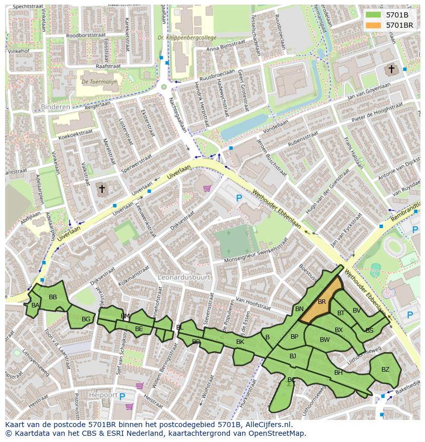 Afbeelding van het postcodegebied 5701 BR op de kaart.