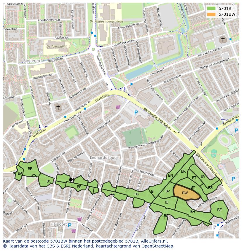 Afbeelding van het postcodegebied 5701 BW op de kaart.