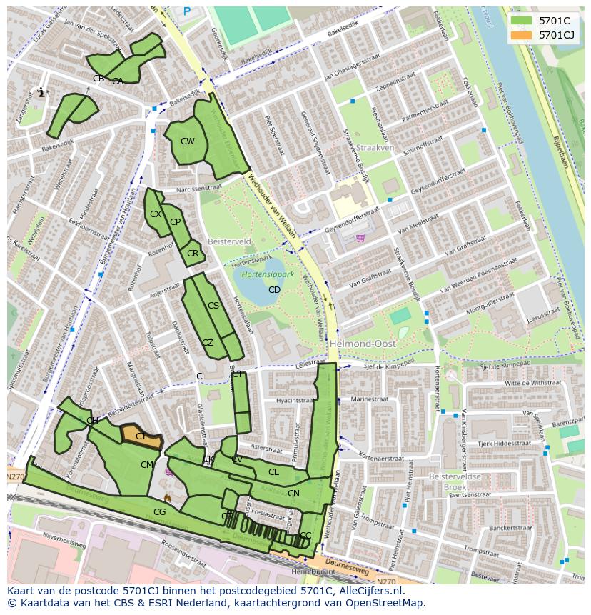 Afbeelding van het postcodegebied 5701 CJ op de kaart.