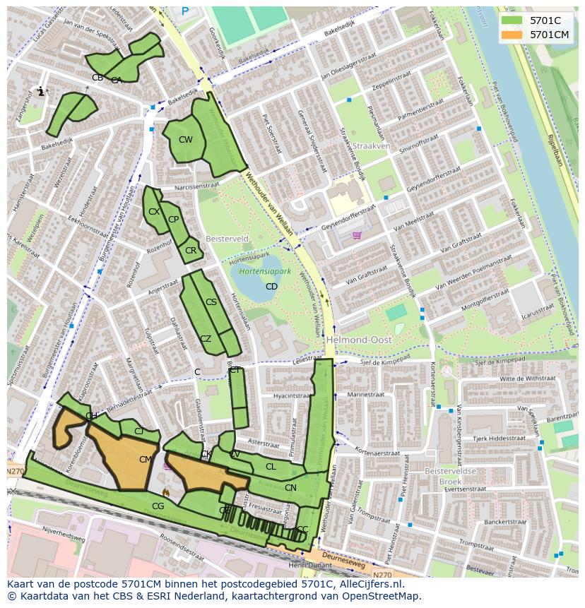 Afbeelding van het postcodegebied 5701 CM op de kaart.