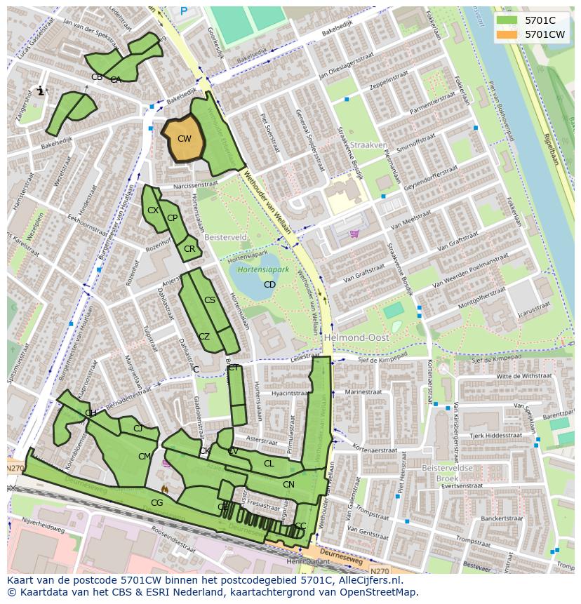 Afbeelding van het postcodegebied 5701 CW op de kaart.