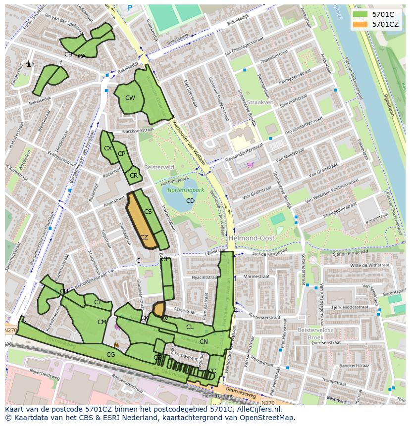 Afbeelding van het postcodegebied 5701 CZ op de kaart.