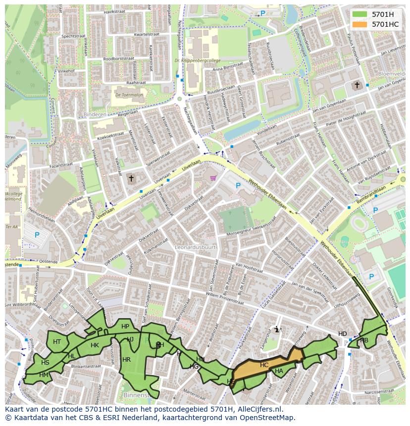 Afbeelding van het postcodegebied 5701 HC op de kaart.
