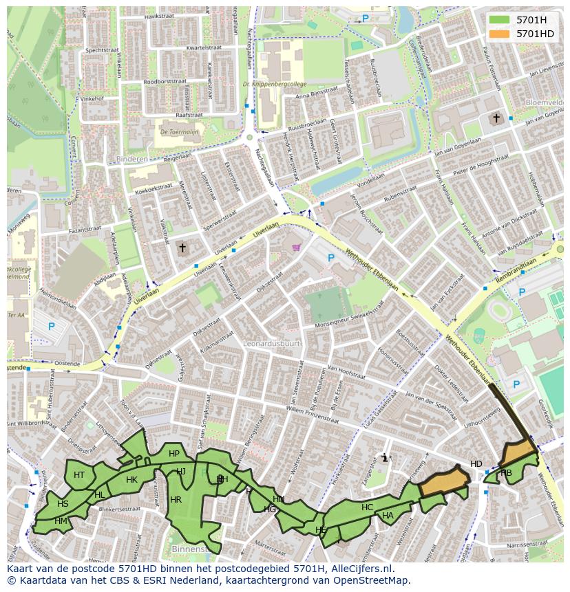 Afbeelding van het postcodegebied 5701 HD op de kaart.