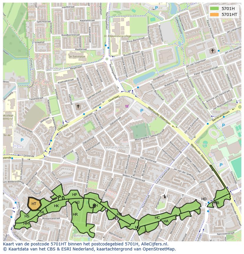 Afbeelding van het postcodegebied 5701 HT op de kaart.