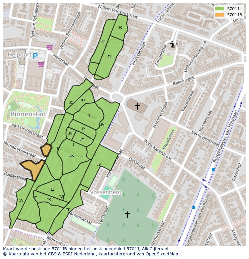 Afbeelding van het postcodegebied 5701 JB op de kaart.