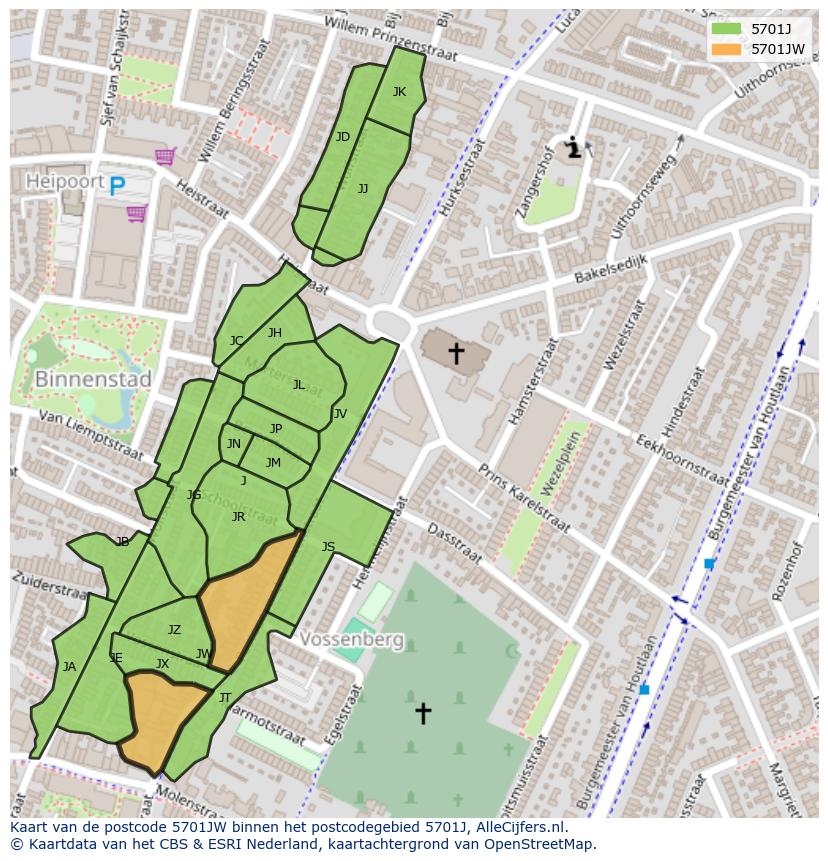 Afbeelding van het postcodegebied 5701 JW op de kaart.