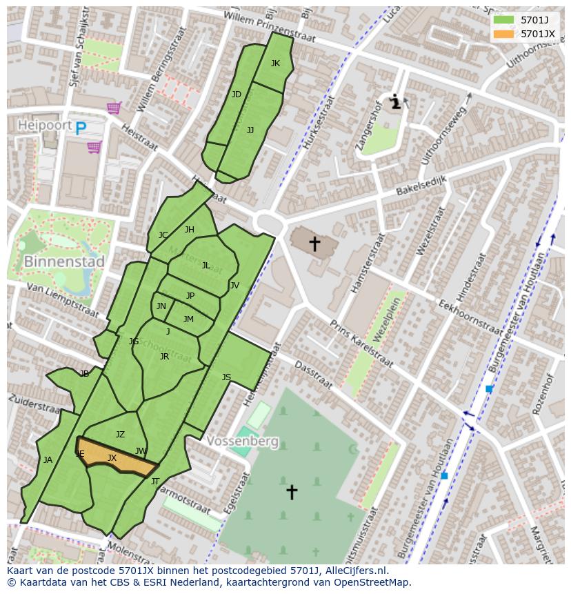 Afbeelding van het postcodegebied 5701 JX op de kaart.