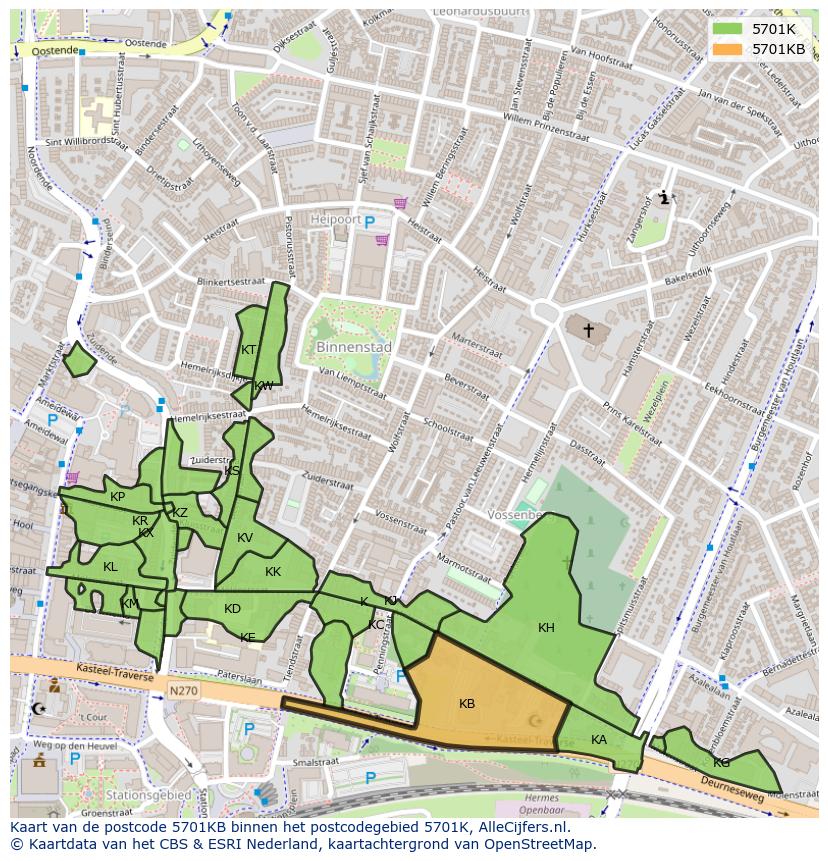 Afbeelding van het postcodegebied 5701 KB op de kaart.