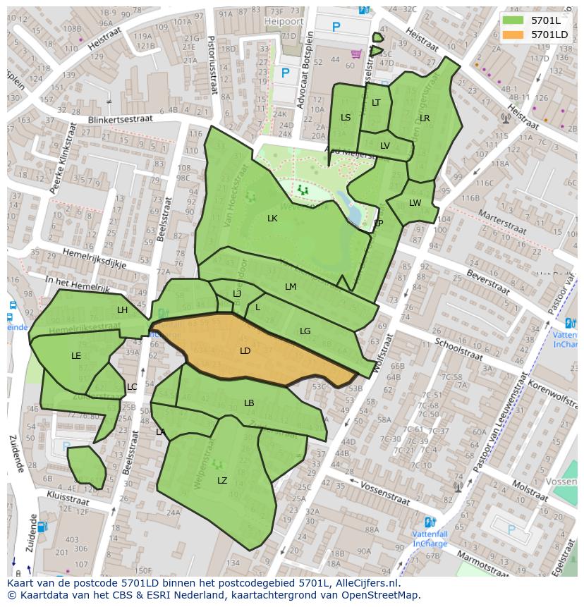 Afbeelding van het postcodegebied 5701 LD op de kaart.