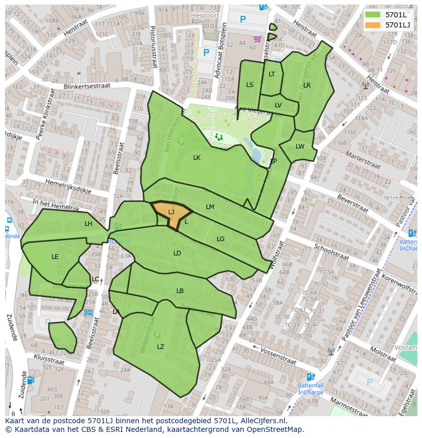 Afbeelding van het postcodegebied 5701 LJ op de kaart.