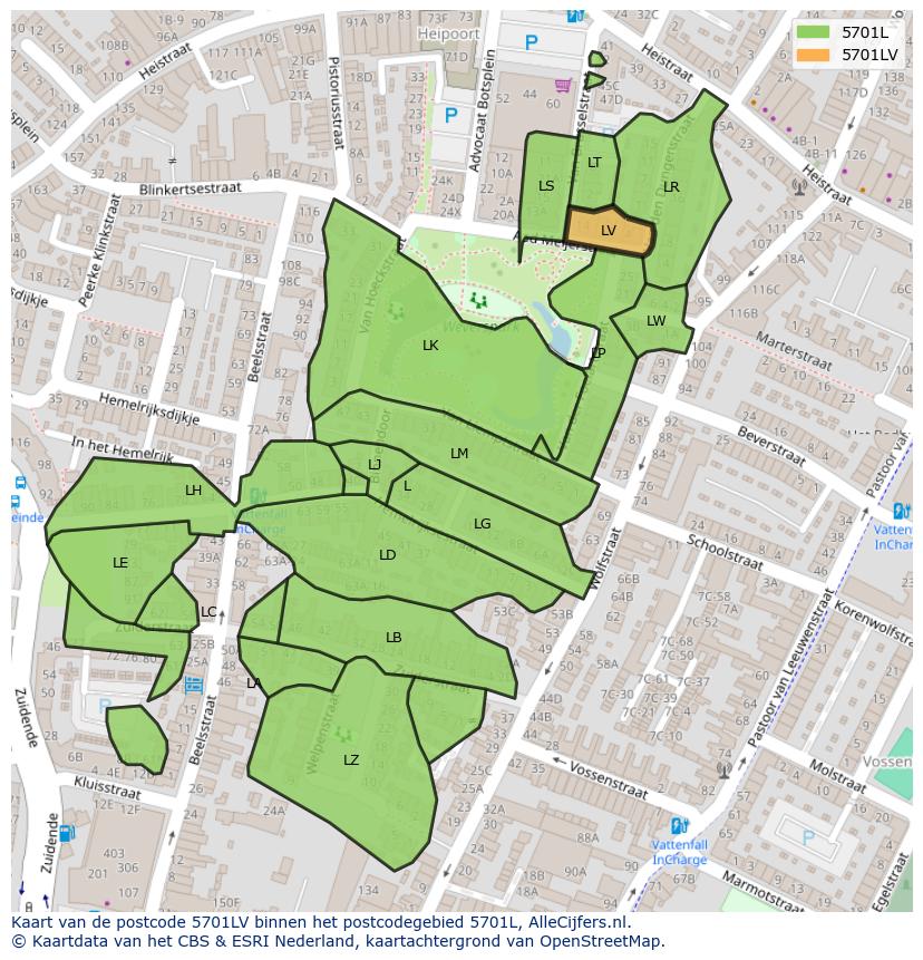 Afbeelding van het postcodegebied 5701 LV op de kaart.