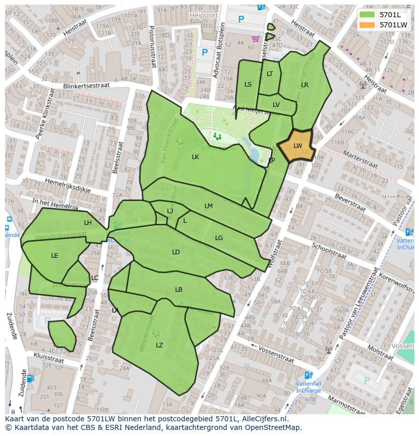 Afbeelding van het postcodegebied 5701 LW op de kaart.