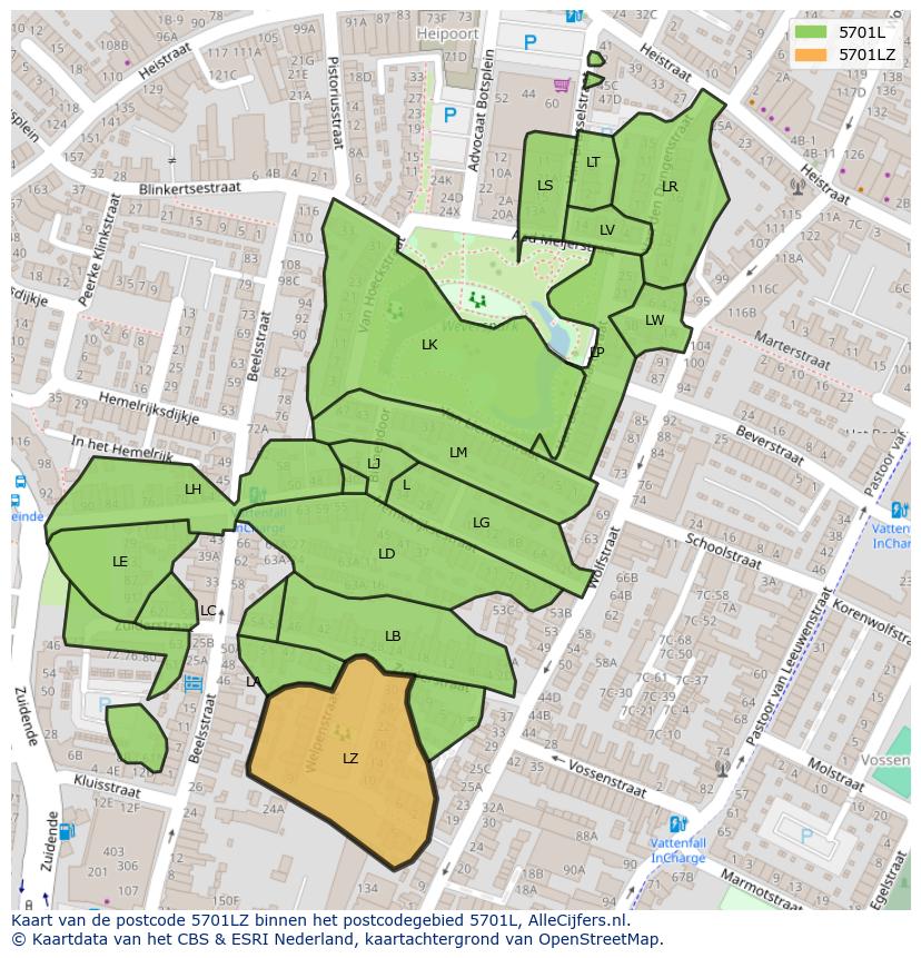 Afbeelding van het postcodegebied 5701 LZ op de kaart.