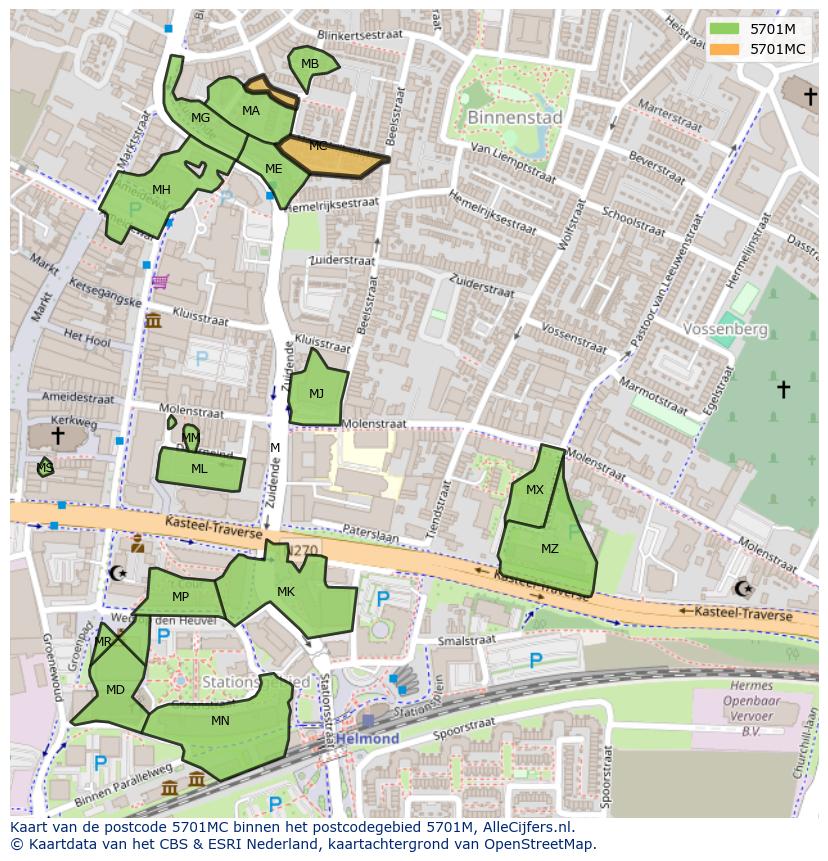Afbeelding van het postcodegebied 5701 MC op de kaart.