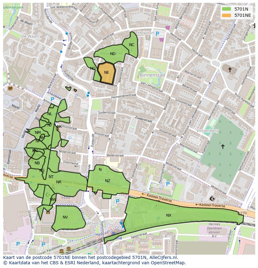 Afbeelding van het postcodegebied 5701 NE op de kaart.