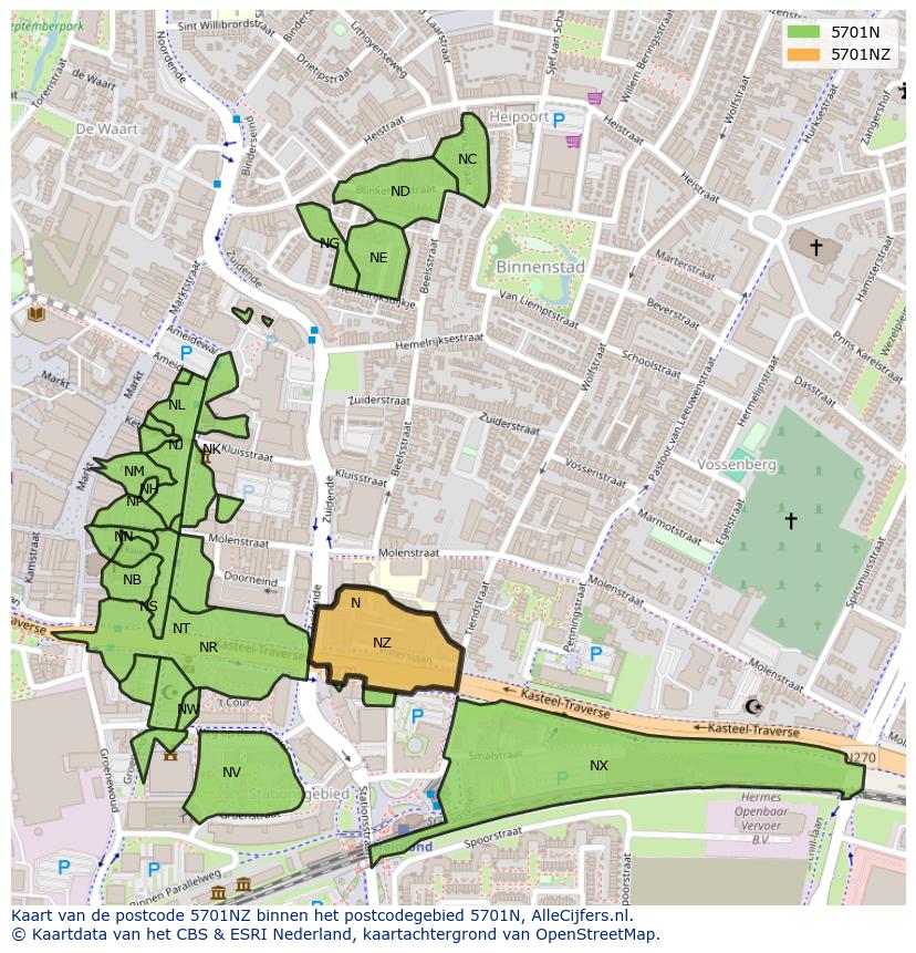 Afbeelding van het postcodegebied 5701 NZ op de kaart.