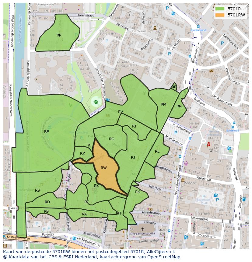 Afbeelding van het postcodegebied 5701 RW op de kaart.