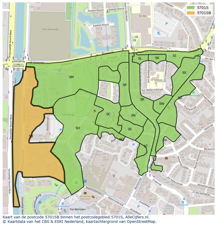 Afbeelding van het postcodegebied 5701 SB op de kaart.