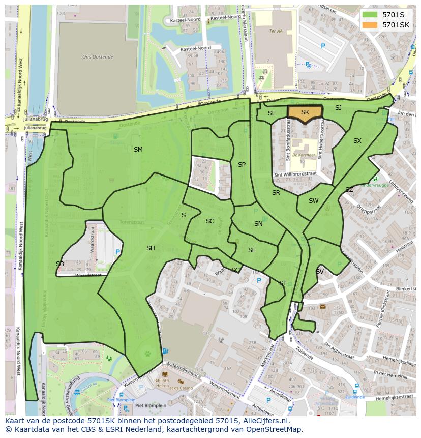 Afbeelding van het postcodegebied 5701 SK op de kaart.